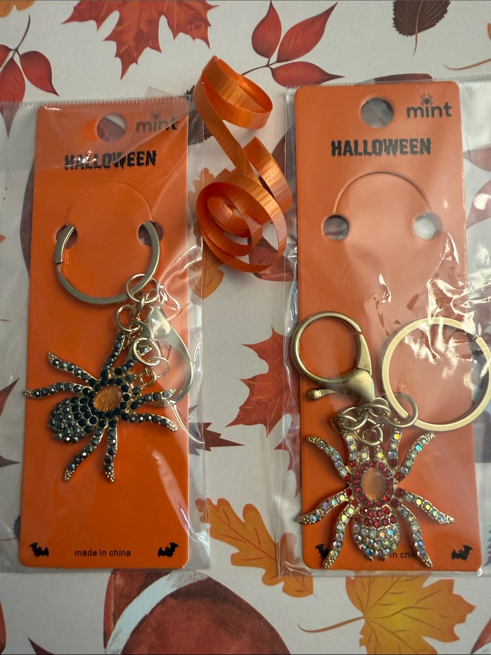 Mint Halloween Spider Keychains with Rhinestones (Black and White Available)